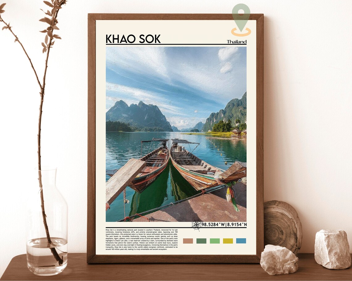 Khao Sok Thailand Lake Longtail Boat Vintage Travel Poster Art