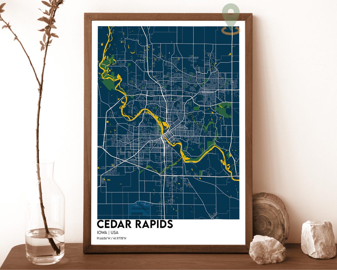 Cedar Rapids Iowa Modern Dark Teal Minimalist Street Map Art Print - Image 6