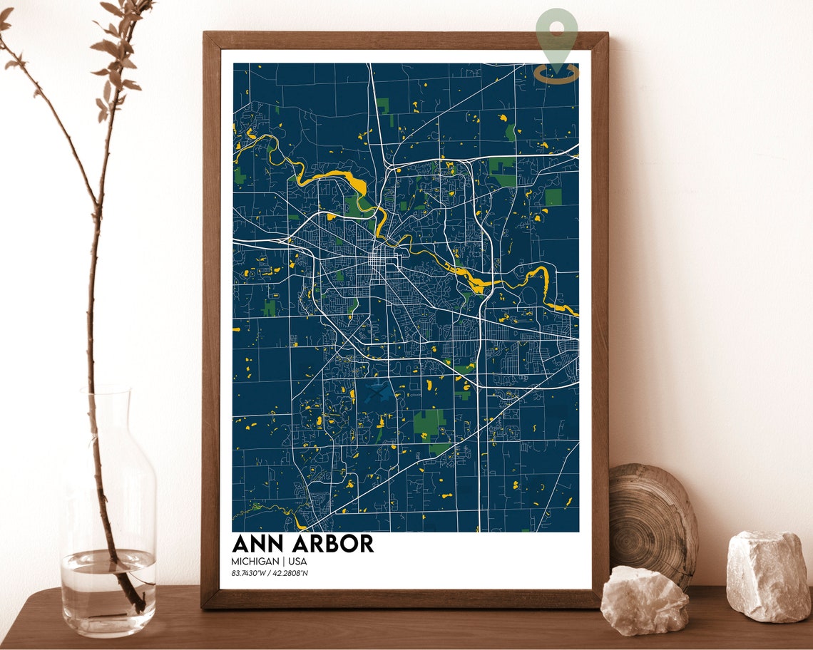 Ann Arbor Michigan City Map Navy Golden Huron River Street Poster