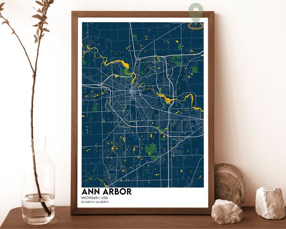 Ann Arbor Michigan City Map Navy Golden Huron River Street Poster