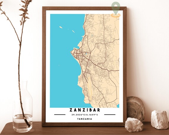 Zanzibar Tanzania Cream Blue Island Street Map Modern Wall Art