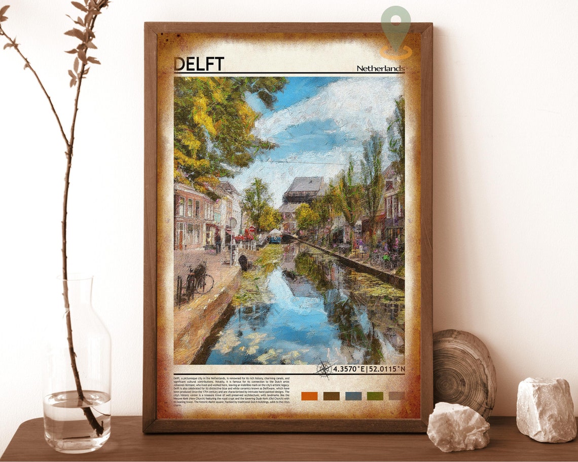 Delft Netherlands Canal Old Town Painted Travel Facts Poster - Image 6