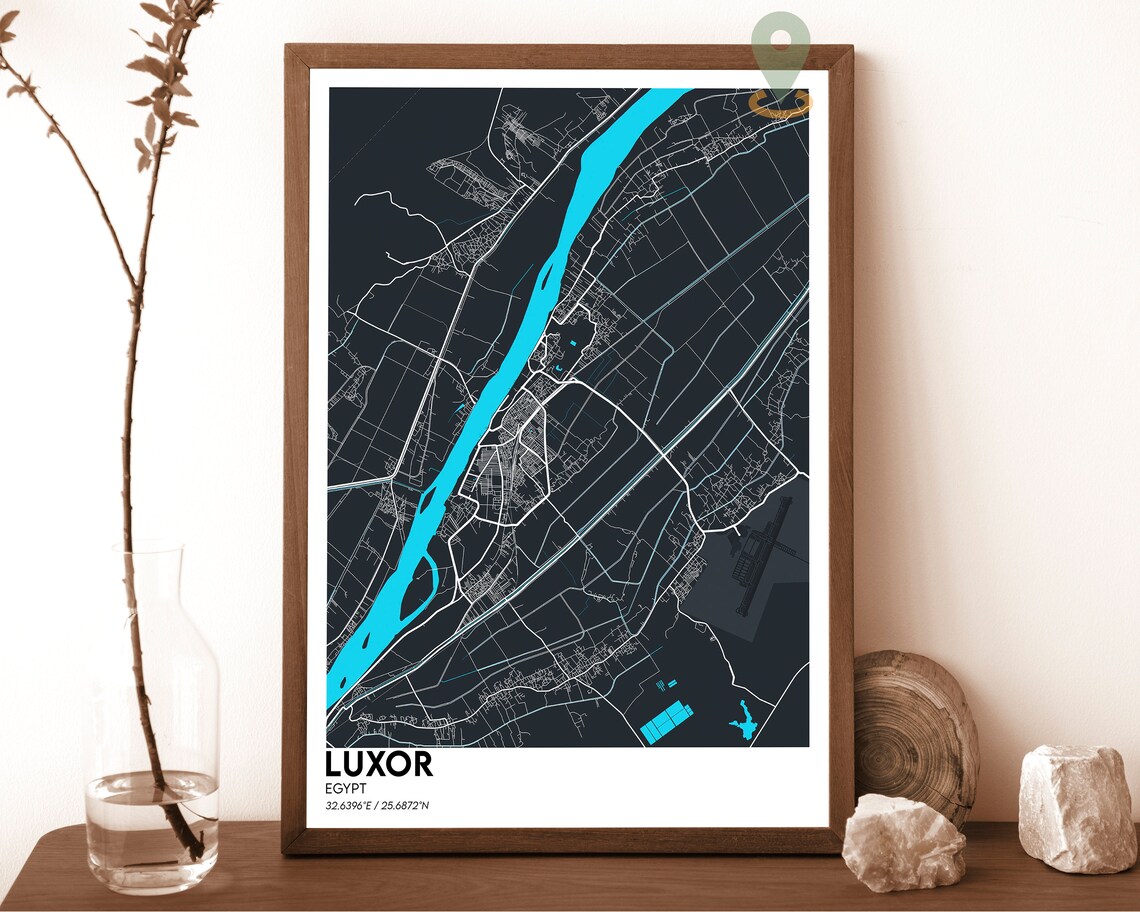Luxor Egypt Dark Night Nile River City Map Modern Art Poster