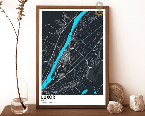 Luxor Egypt Dark Night Nile River City Map Modern Art Poster