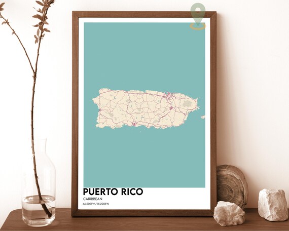 Puerto Rico Caribbean Cream Minimalist Island Map Poster on Teal