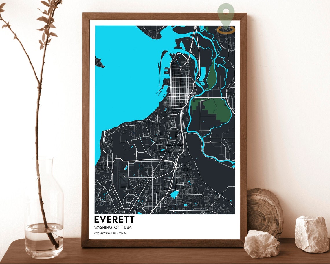 Everett Washington Dark Blue Street Map Bright Ocean City Poster