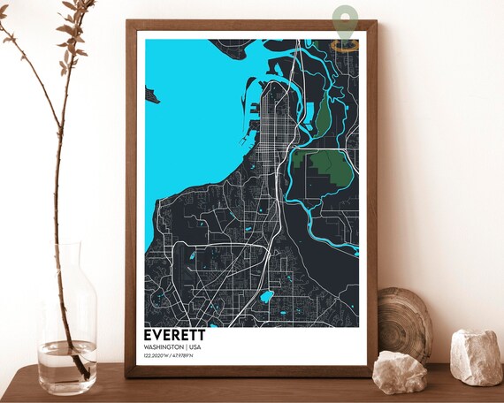 Everett Washington Dark Blue Street Map Bright Ocean City Poster