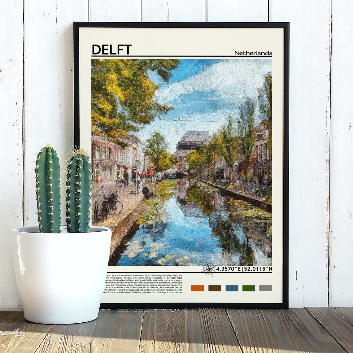 Delft Netherlands Canal Old Town Painted Travel Facts Poster - Image 5