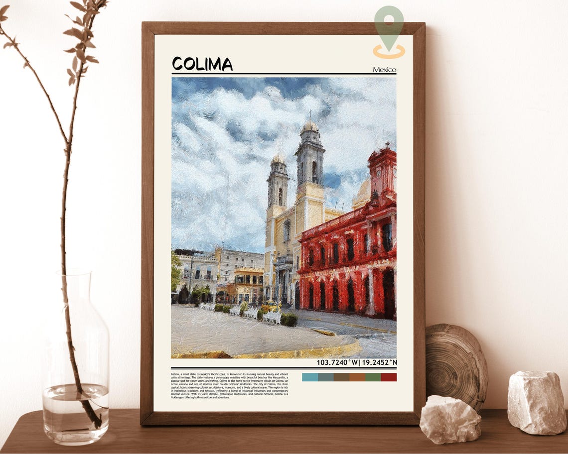 Colima Mexico Cathedral Colonial Plaza Painted Travel Poster