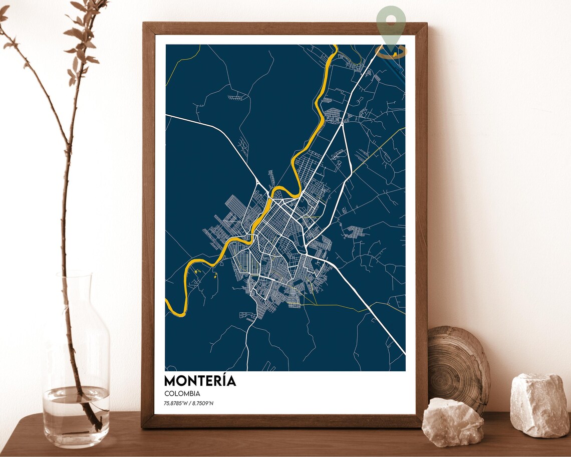 Monteria Colombia dark teal with an orange river Street Map Coordinates Poster - Image 6