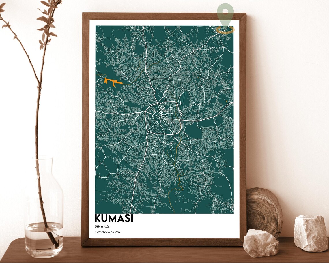 Kumasi Ghana Deep Teal Modern Minimalist City Street Map Wall Art