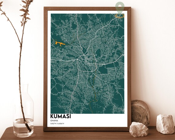 Kumasi Ghana Deep Teal Modern Minimalist City Street Map Wall Art