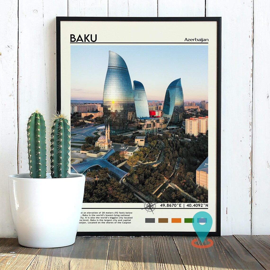 Baku Azerbaijan Flame Towers Sunset Skyline Modern Travel Poster - Image 3