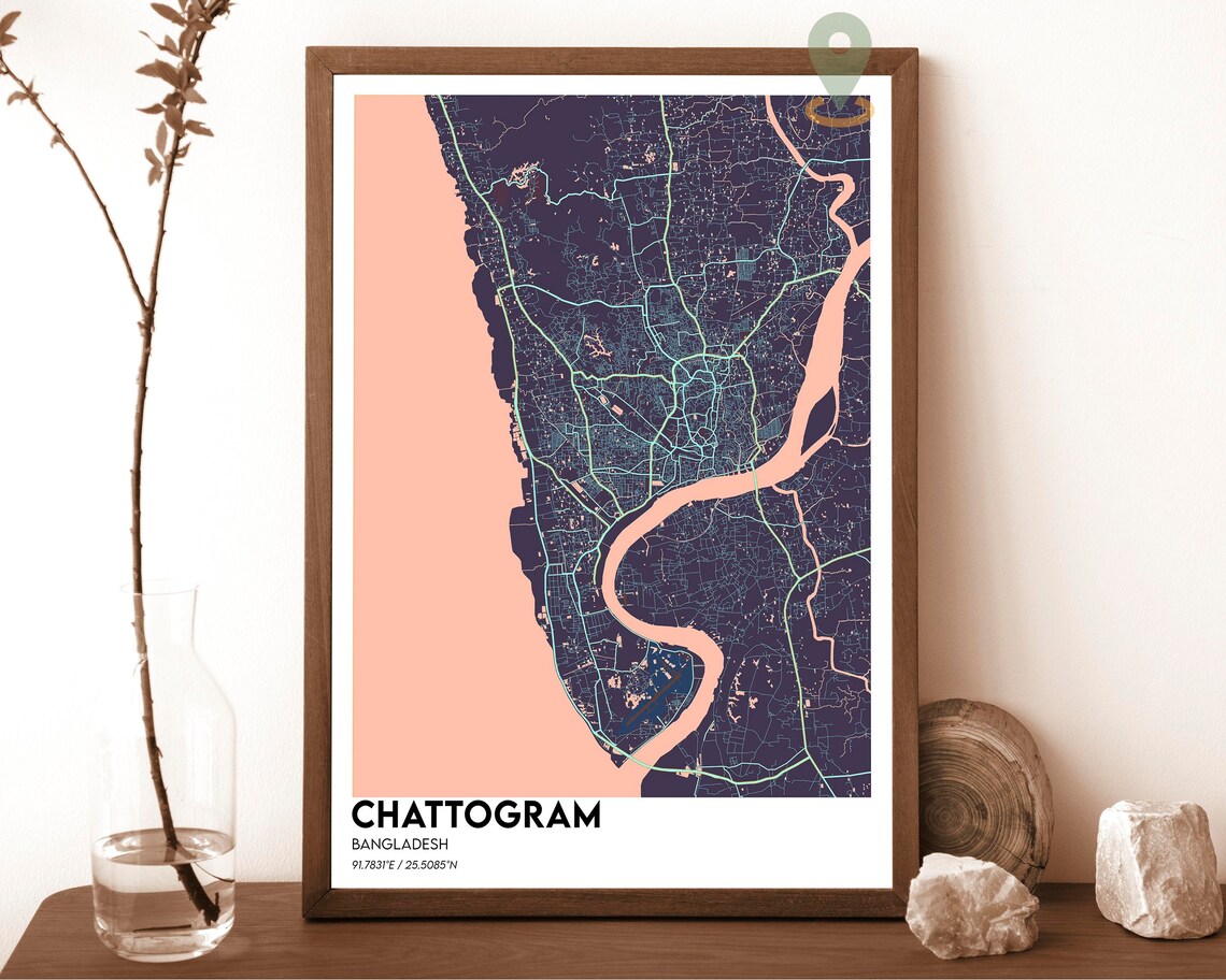 Chattogram Bangladesh River Delta Street Map Navy Gold Modern Art Print - Image 3