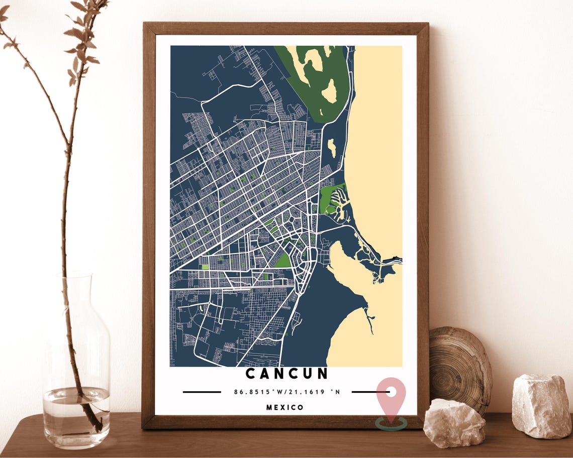 Cancun Mexico City Street Map Beach Blue Poster Wall Decor Art - Image 2