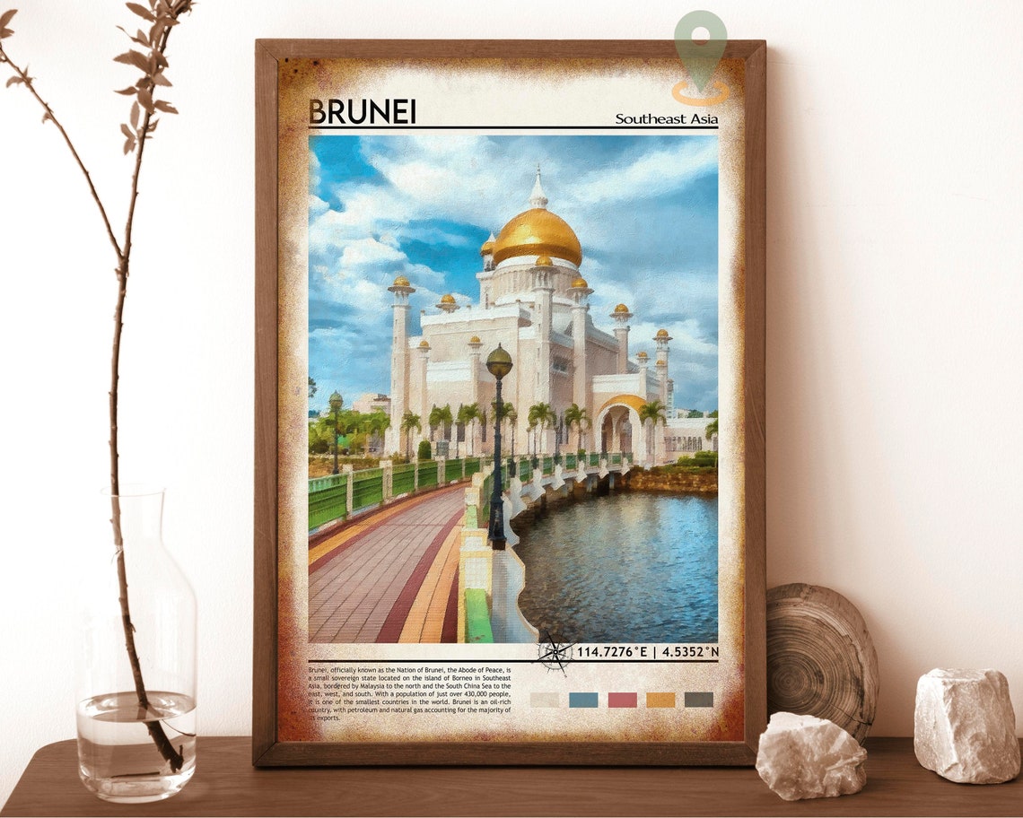 Brunei Southeast Asia Golden Dome Mosque Waterfront Painterly Poster - Image 6