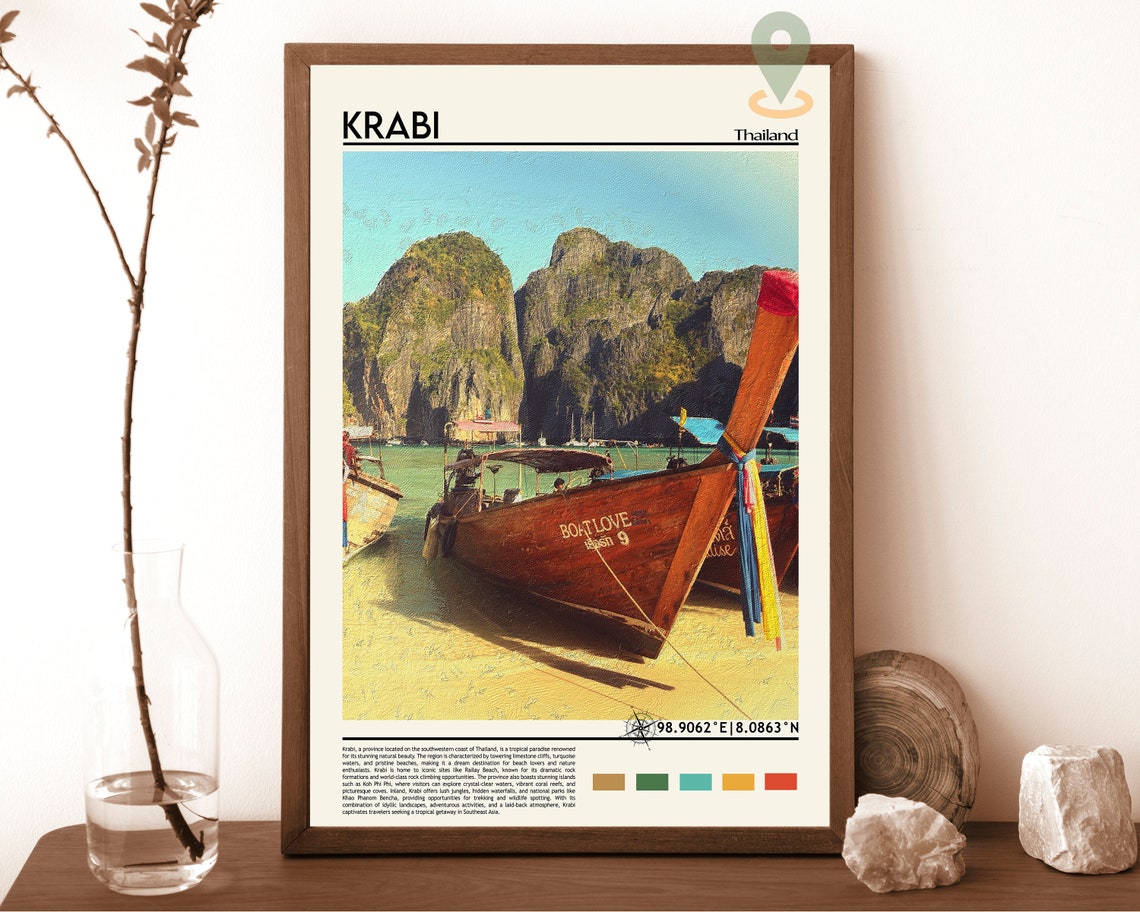 Krabi Thailand Longtail Boat Beach Limestone Cliffs Travel Poster