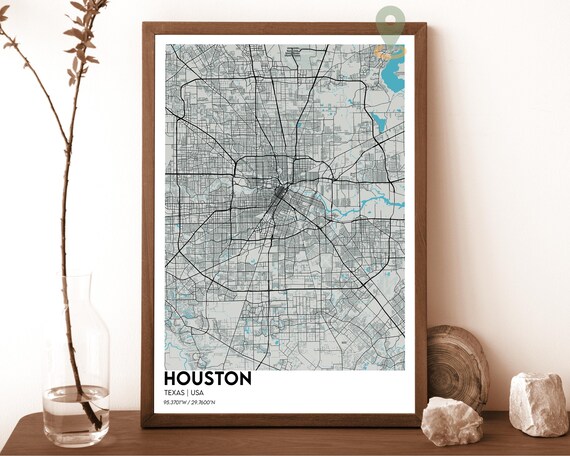 Houston Texas Modern City Map Gray Monochrome Street Art Poster