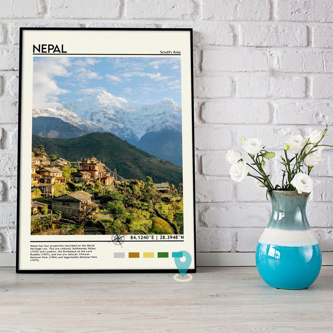 Nepal South Asia Snowy Himalayan Peak Terraced Village View Poster - Image 4