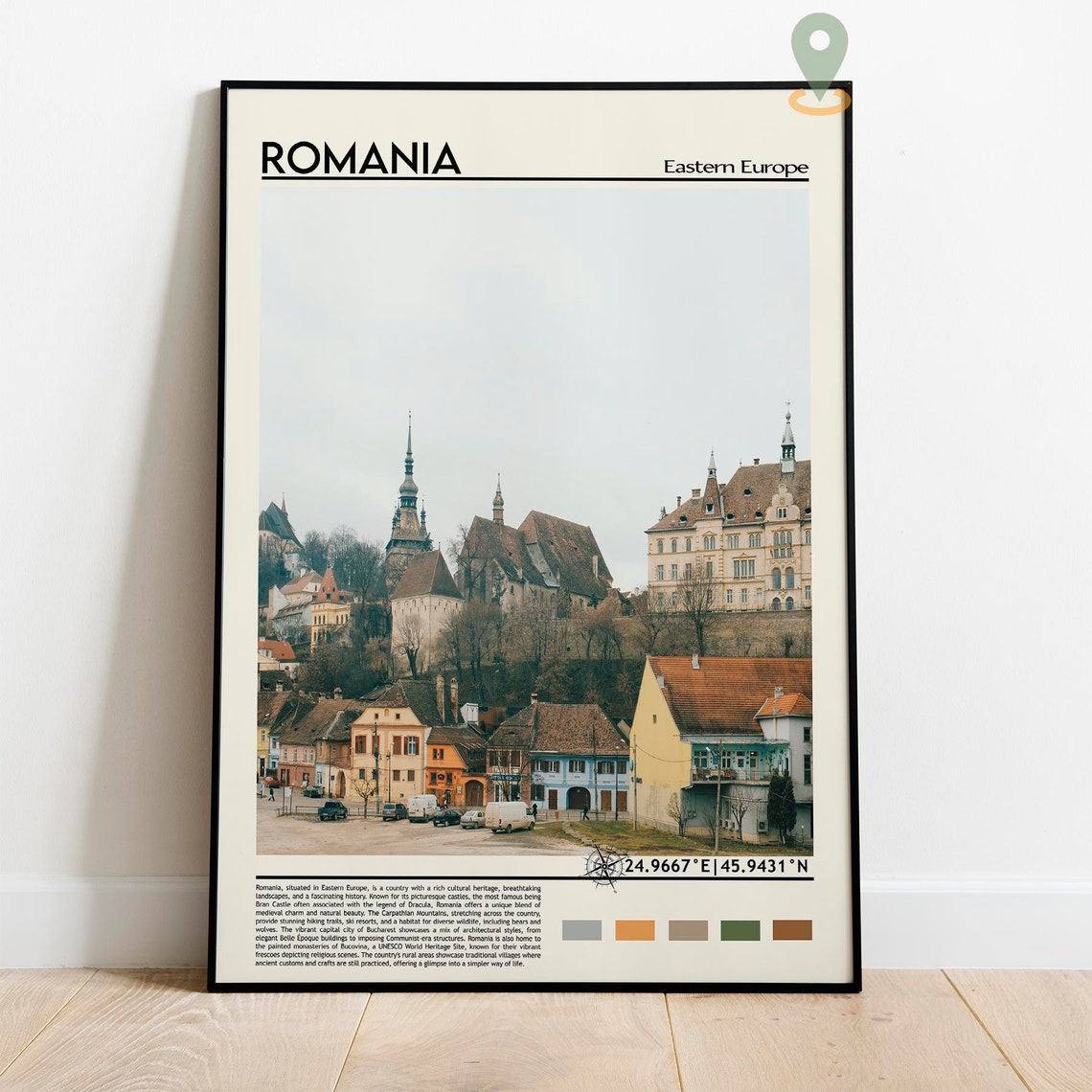 Romania Eastern Europe Medieval Hilltop Town Colorful Roofs Art Poster - Image 2