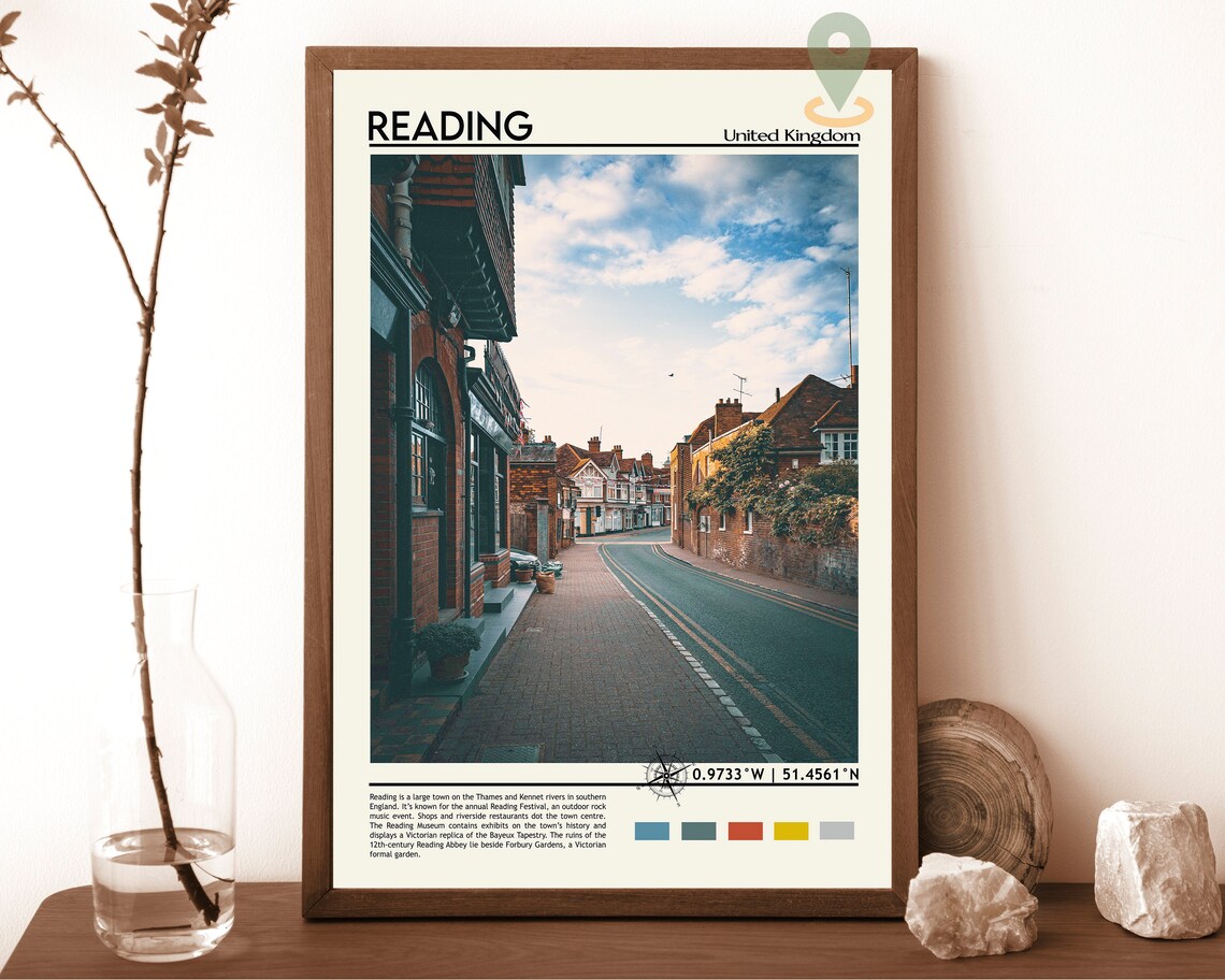 Reading United Kingdom Charming Brick Town Street Scene Travel Poster