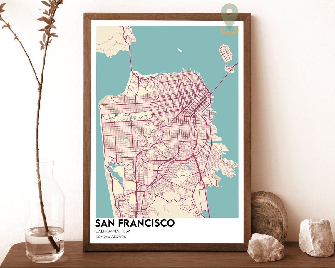 San Francisco California Cream Teal Classic Map Decor Poster