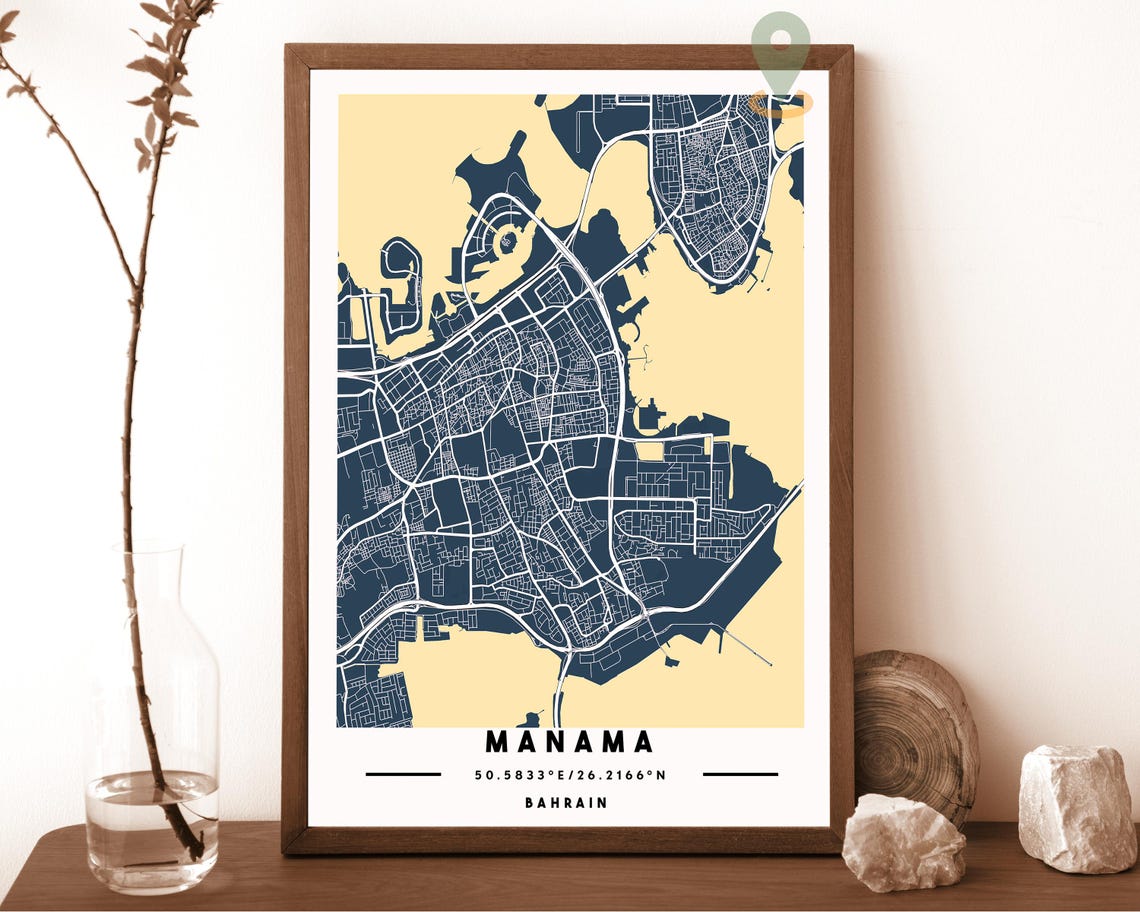 Manama Bahrain City Map Modern Navy Blue Minimalist Street Map Poster