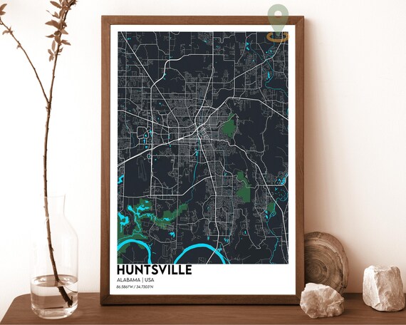Huntsville Alabama Modern City Map Dark Teal Minimalist Poster