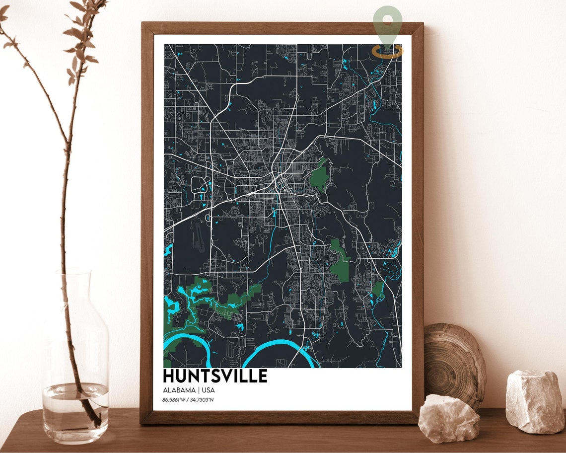 Huntsville Alabama Modern City Map Dark Teal Minimalist Poster