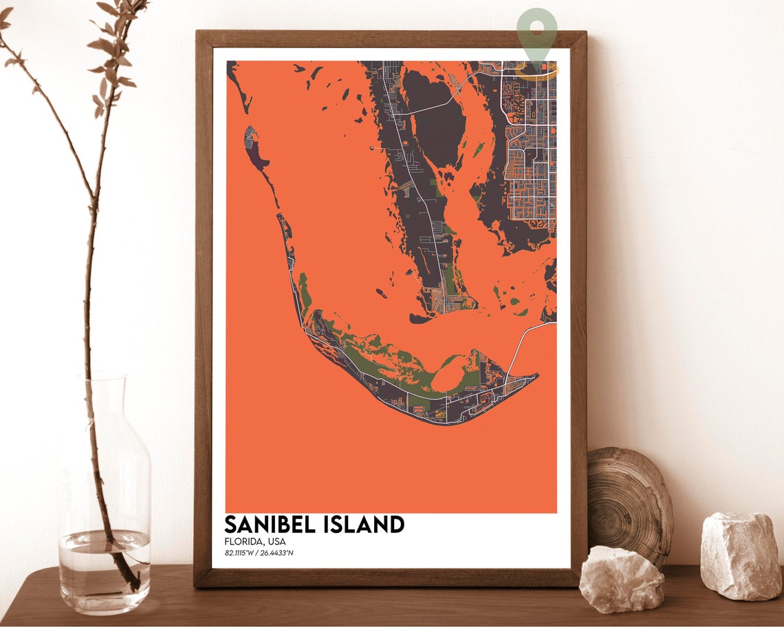Sanibel Island Florida City Map Poster Peach Navy Coastal Art - Image 5