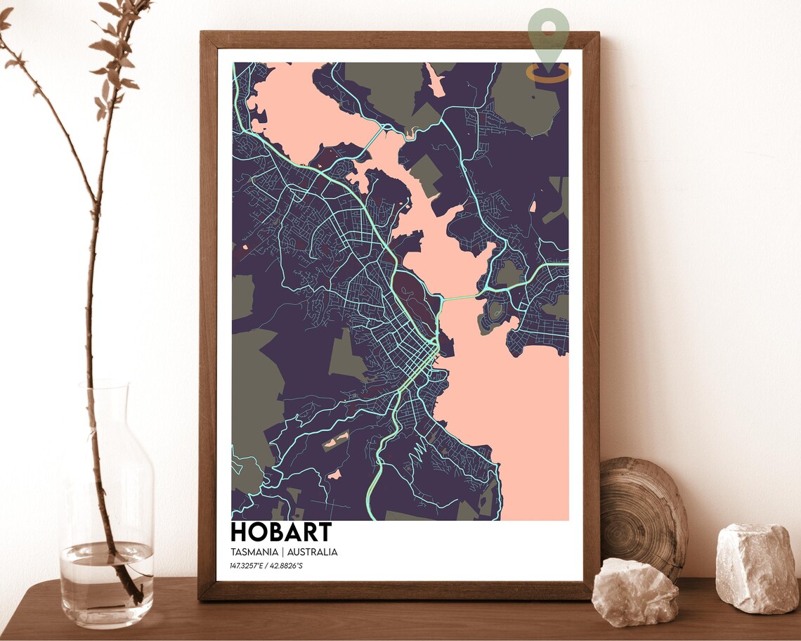 Hobart Tasmania Australia Modern City Map Cream Teal Art Poster - Image 3