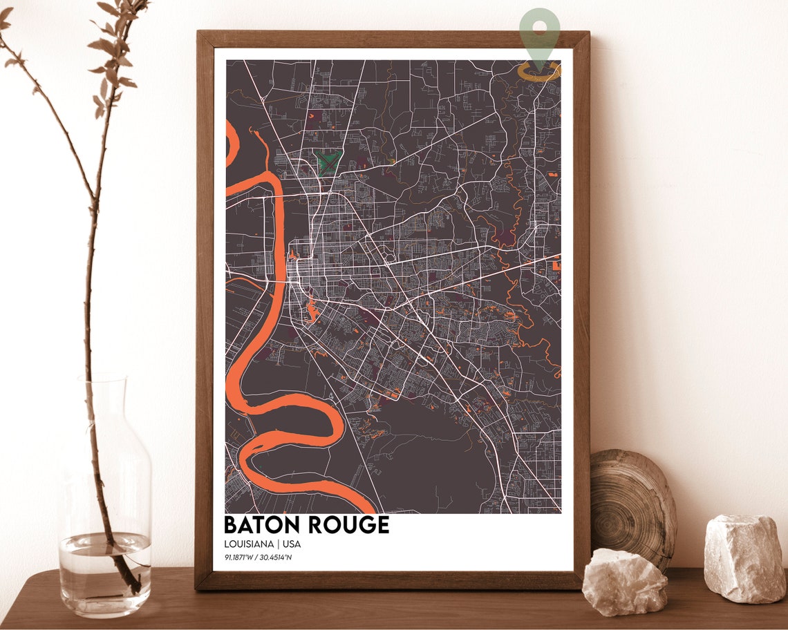 Baton Rouge Louisiana City Map Red Bold Mississippi River Map Poster - Image 3