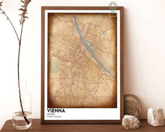 Vienna Austria Vintage Parchment Danube City Street Map Poster
