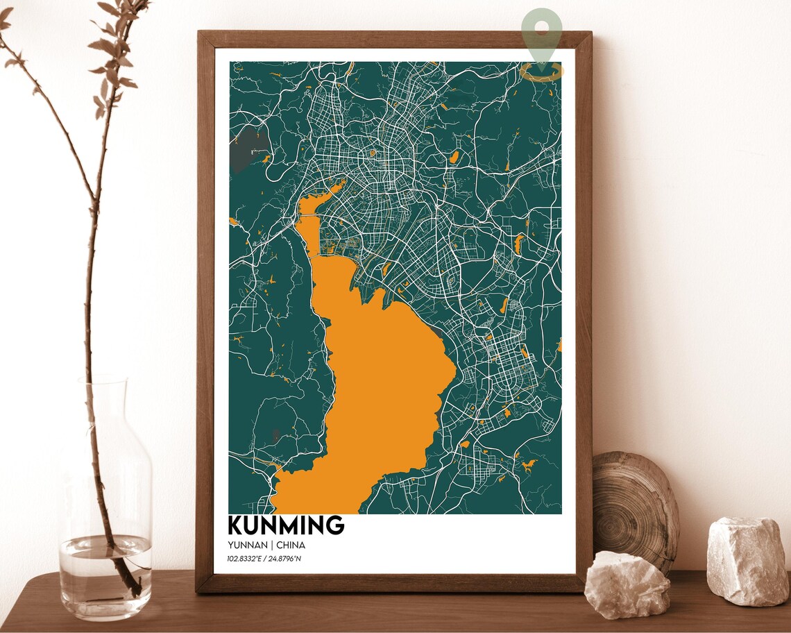 Kunming China Yunnan Lake Cream Minimalist City Map Wall Art - Image 3