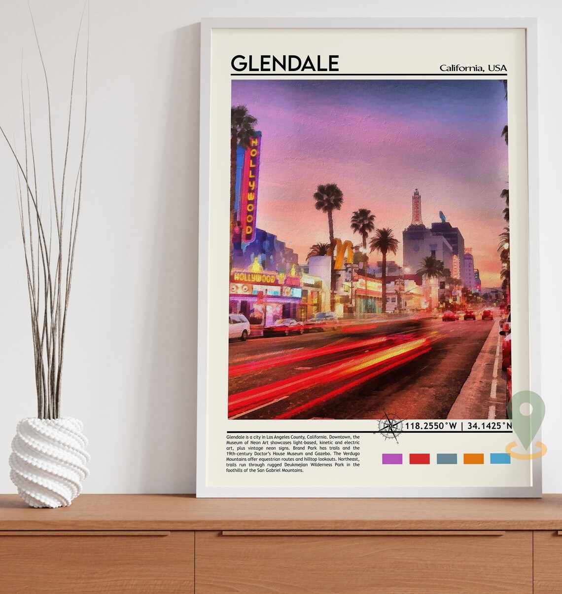 Glendale California Sunset Neon Street Watercolor City Poster - Image 3