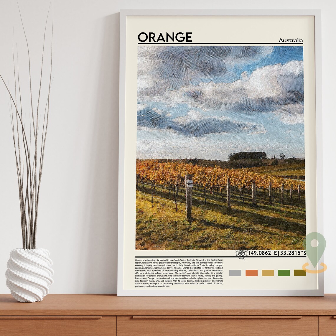 Orange Australia Golden Vineyard Rows Wine Country Travel Poster - Image 3