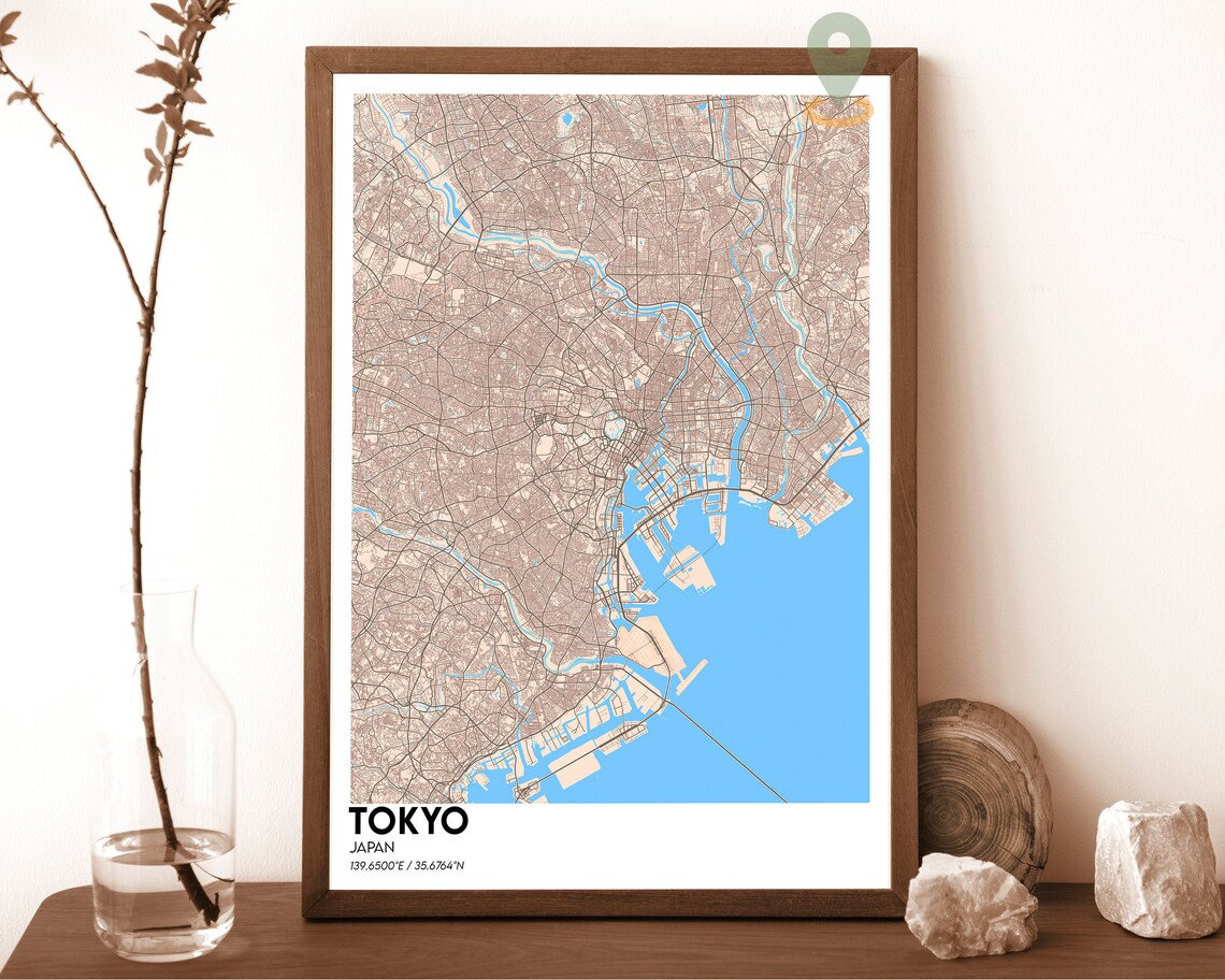 Tokyo Japan Dark Charcoal Cyan Waterways Street Map Modern Art Poster - Image 5