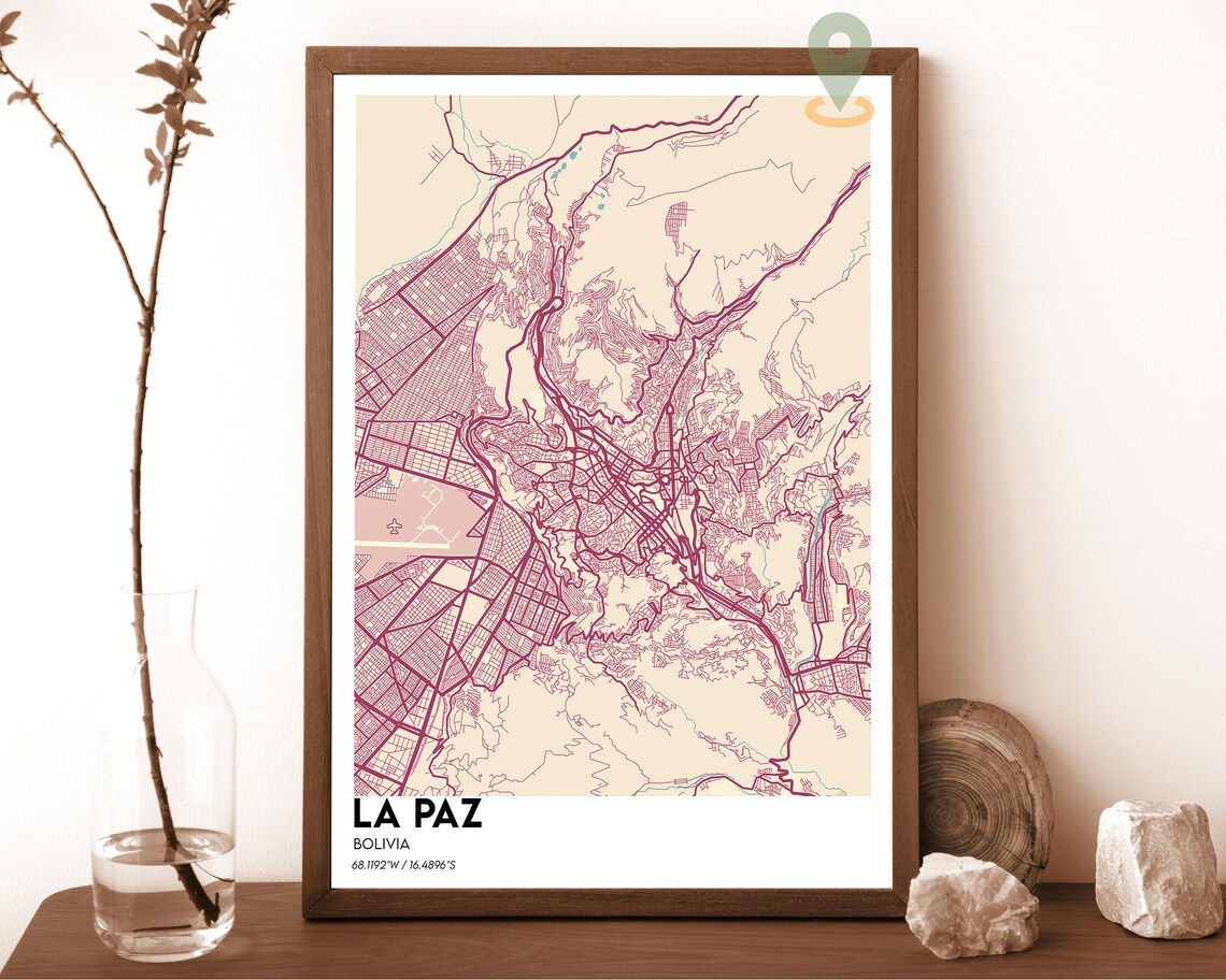 La Paz Bolivia City Map Cream and Burgundy Minimalist Poster