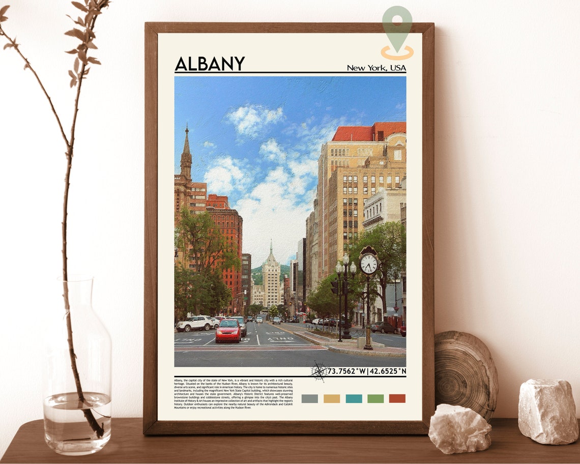 Albany New York Downtown Street Historic Buildings Clock Tower Poster