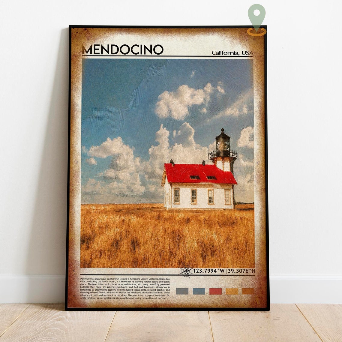 Mendocino California Red Roof Lighthouse Coastal Travel Poster - Image 2