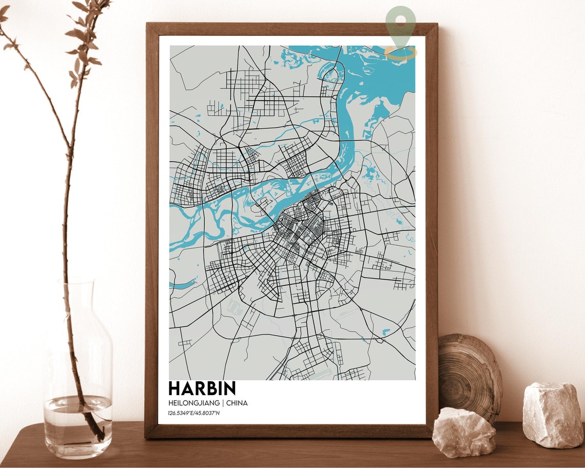 Harbin China Modern City Map Red Cream Minimalist Art Poster - Image 2