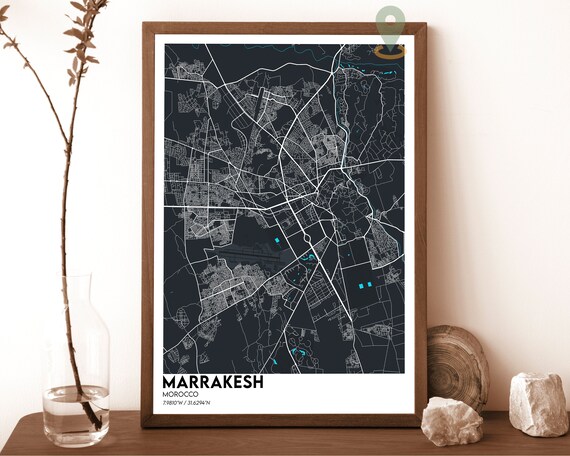 Marrakesh Morocco Dark Minimalist Night Street City Map Art Poster