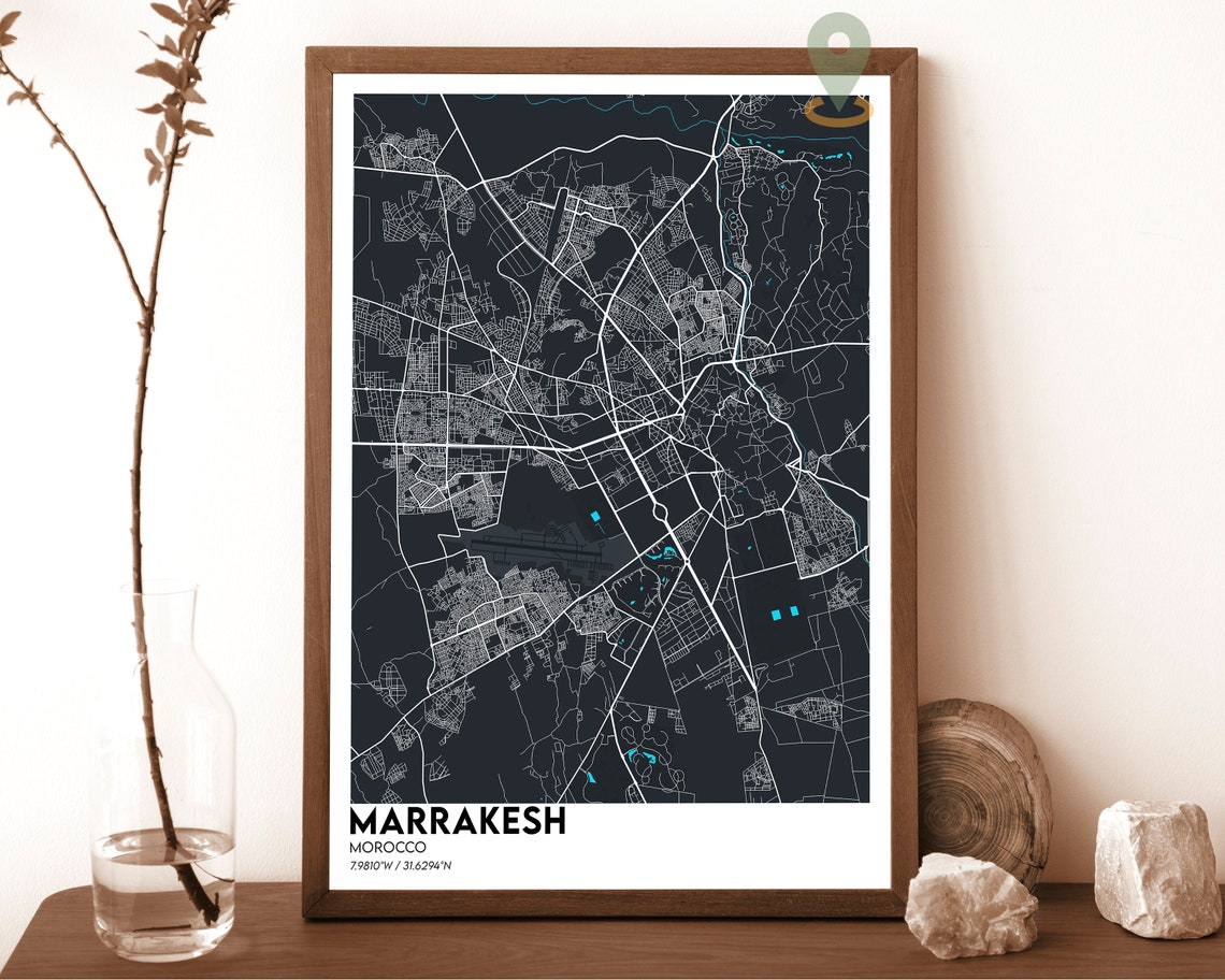 Marrakesh Morocco Dark Minimalist Night Street City Map Art Poster