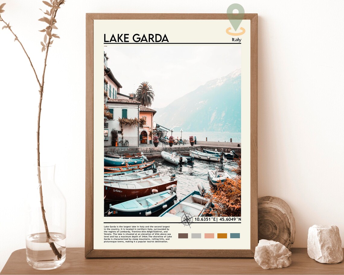 Lake Garda Italy Lakeside Harbor Colorful Boats View Travel Poster