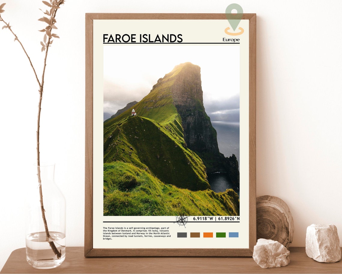 Faroe Islands Europe Dramatic Sea Cliff Lighthouse Travel Poster