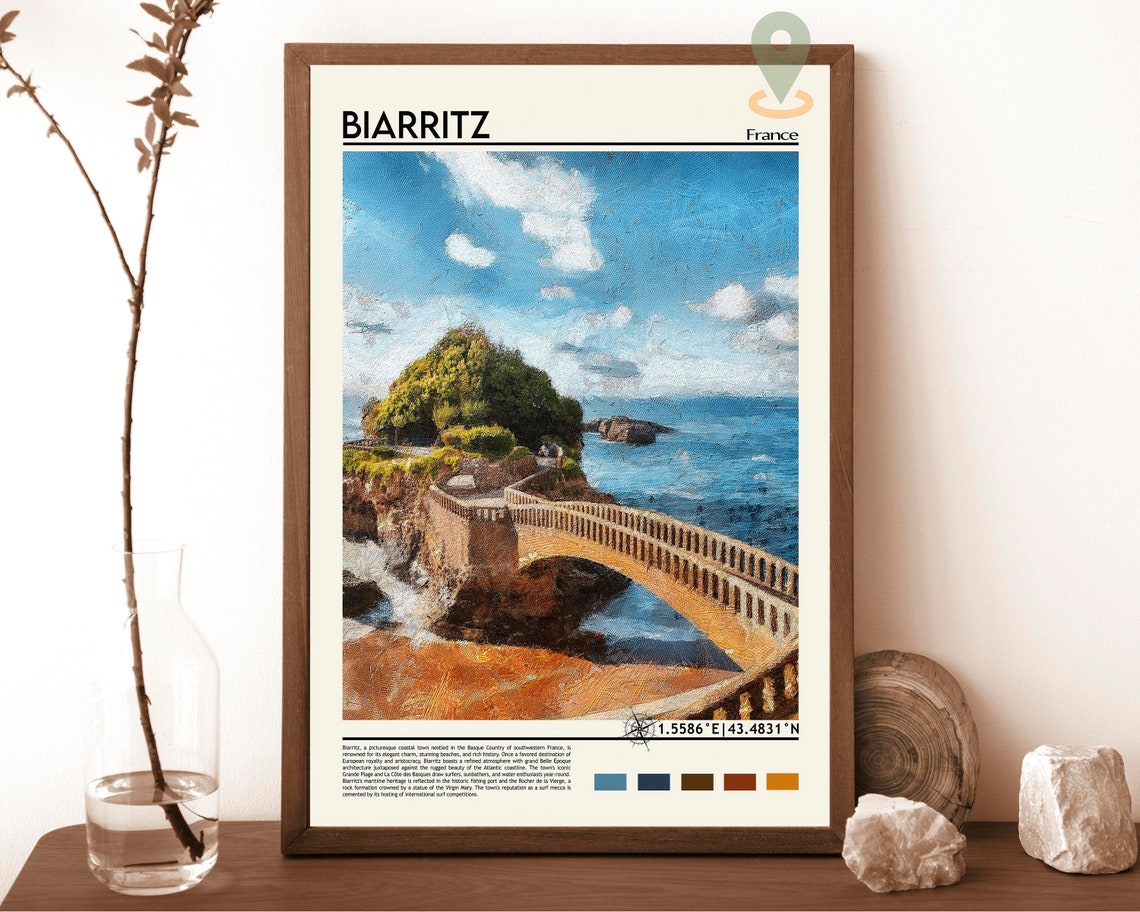 Biarritz France Rocky Coast Bridge Seascape Painterly Art Poster
