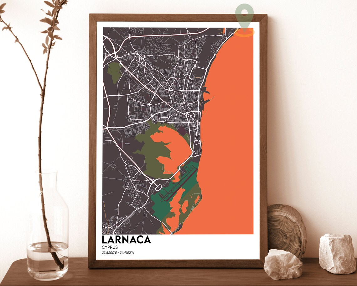 Larnaca Cyprus Dark Night Sea Coast Modern Street Map Art Poster - Image 5