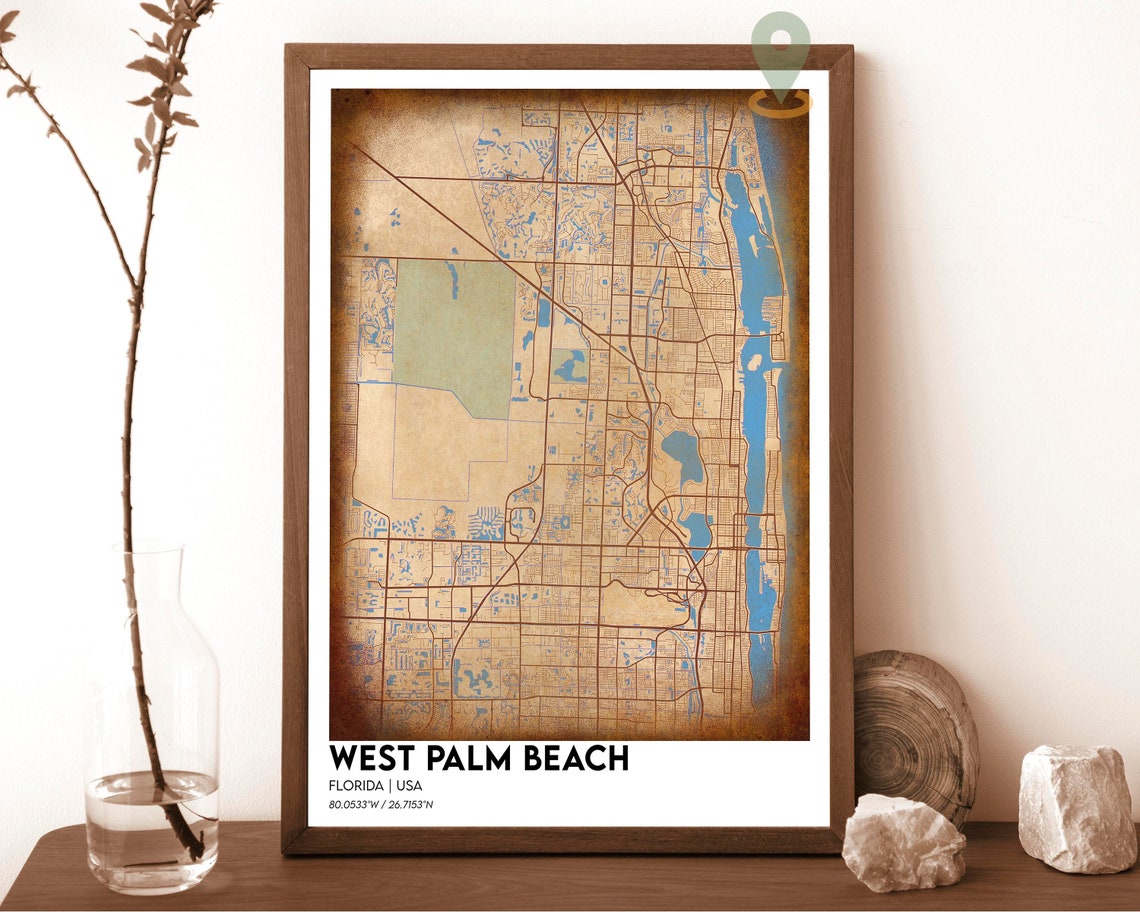West Palm Beach Florida City Map Poster Navy Yellow Modern Art - Image 2