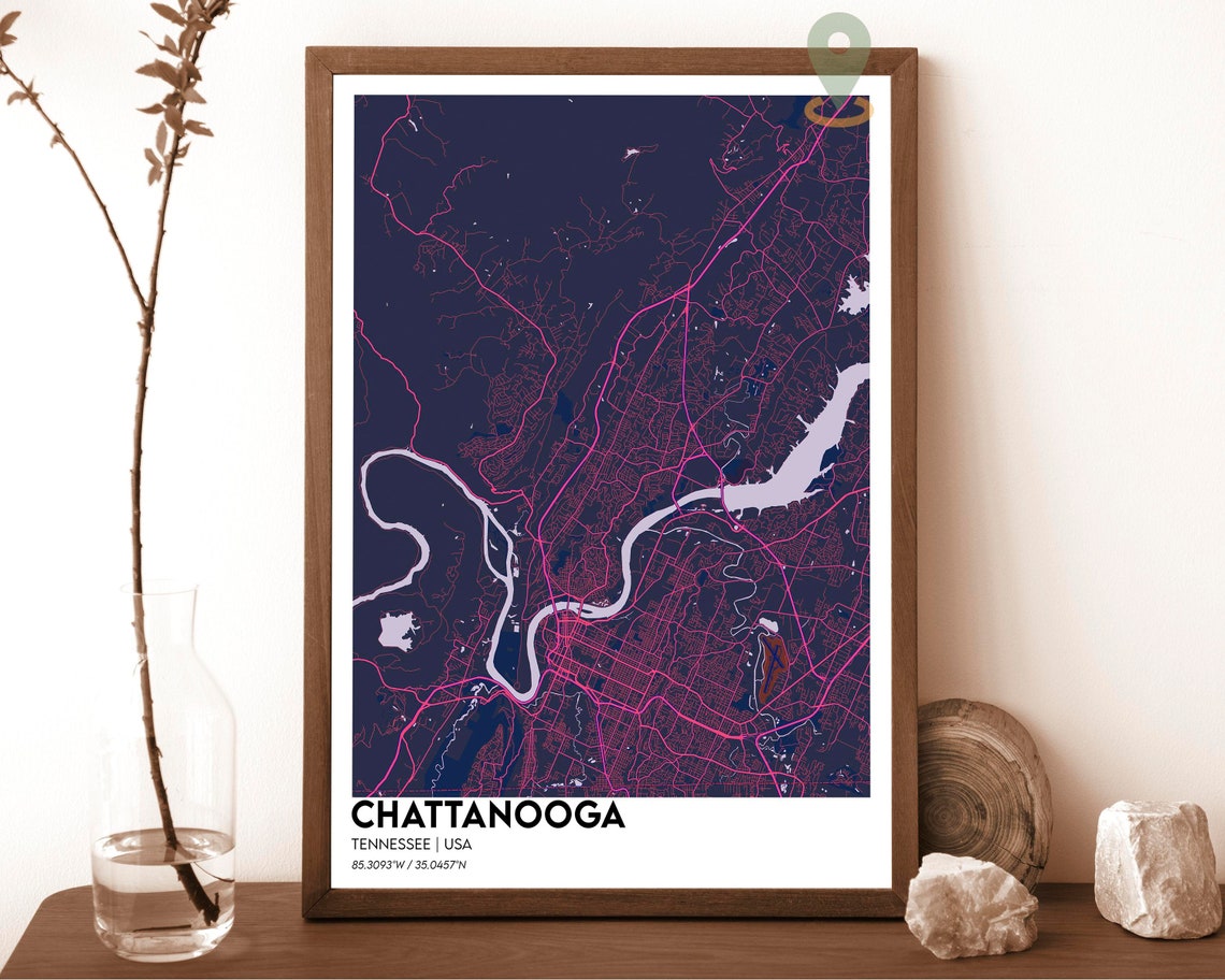Chattanooga Tennessee Tennessee River Cyan Night City Map Art Print - Image 2