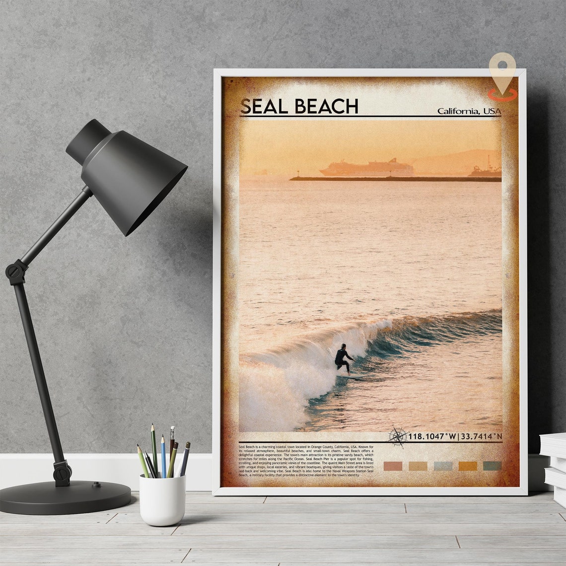 Seal Beach California Surfer Riding Golden Sunset Wave Poster - Image 3